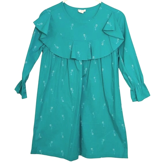 ManTaro Kids Blue Green Flamingo Print Girls Dress Large - Picture 1 of 6